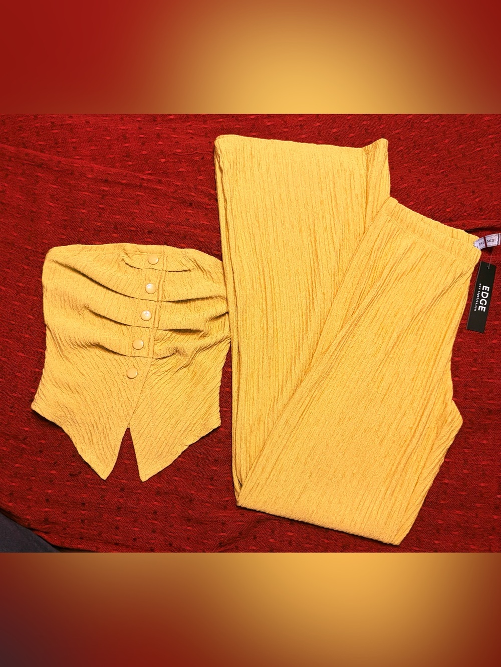 edge Bright Yellow Textured Strapless Top & High-Waist Pants Set